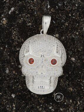 925 Sterling Silver Skull Pendant Red Eyes CZ Pave Calavera Piece Men Women